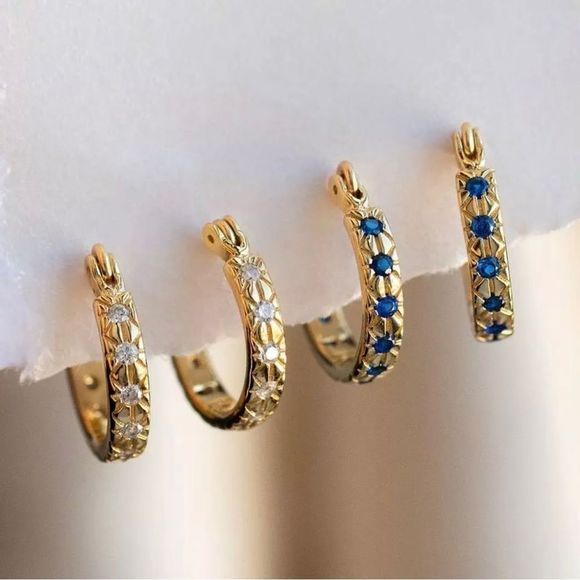 FIVE AND TWO 18K GOLD HOOPS DIAMOND CUT SAPPHIRE CRYSTALS STARBURST HOOPS NWT - Picture 11 of 15